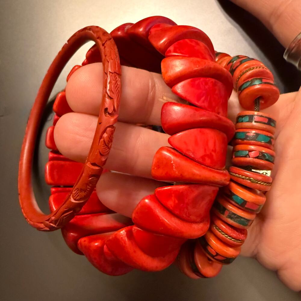 Vintage Boho Tibetan Yak Bone Chinese Cinnabar Red Bangles